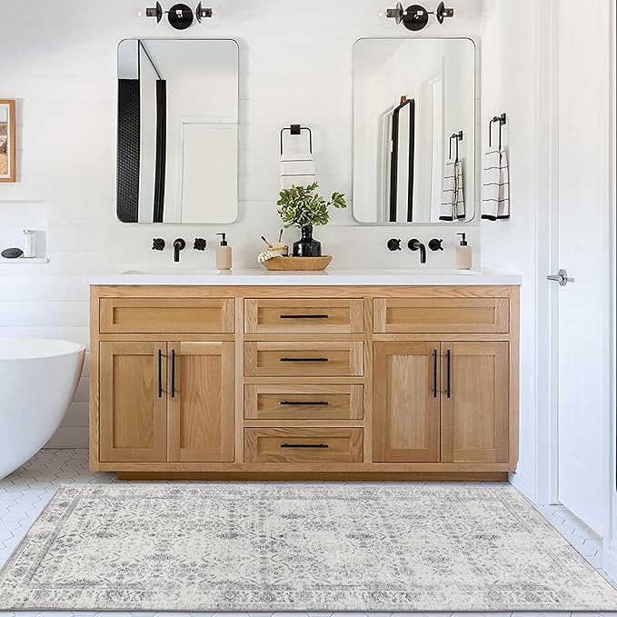 ReaLife Rugs Machine Washable Area Rug Runner - Living Room Bedroom Bathroom Kitchen Entryway Office - Padded Low Pile Stain Resistant Premium - Boho Farmhouse Vintage - Noor - Ivory Grey 2'6" x 8'