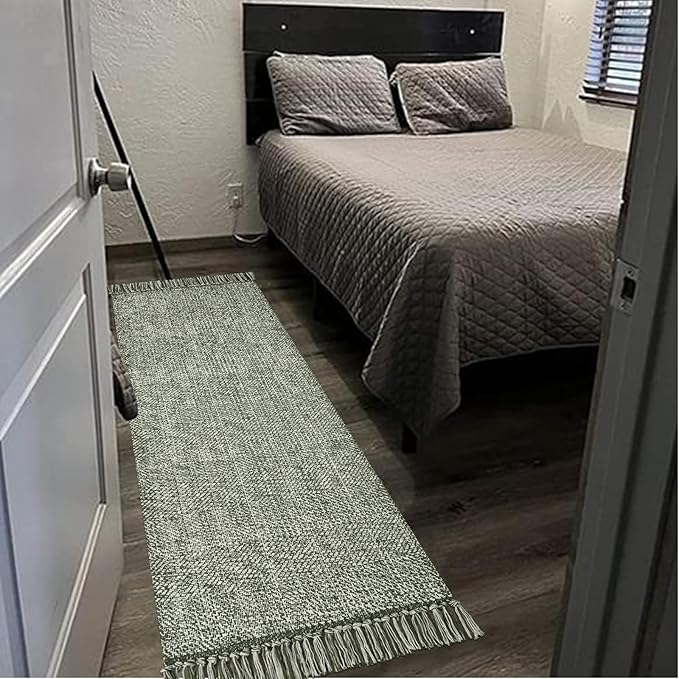 Collive Hallway Runner Rug, 2' x 6' Hand-Woven Reversible Washable Entryway Rug, Olive Green/Cream Cotton Modern Farmhouse Laundry Room Rug Long Carpet for Bathroom Sink Foyer Bedroom