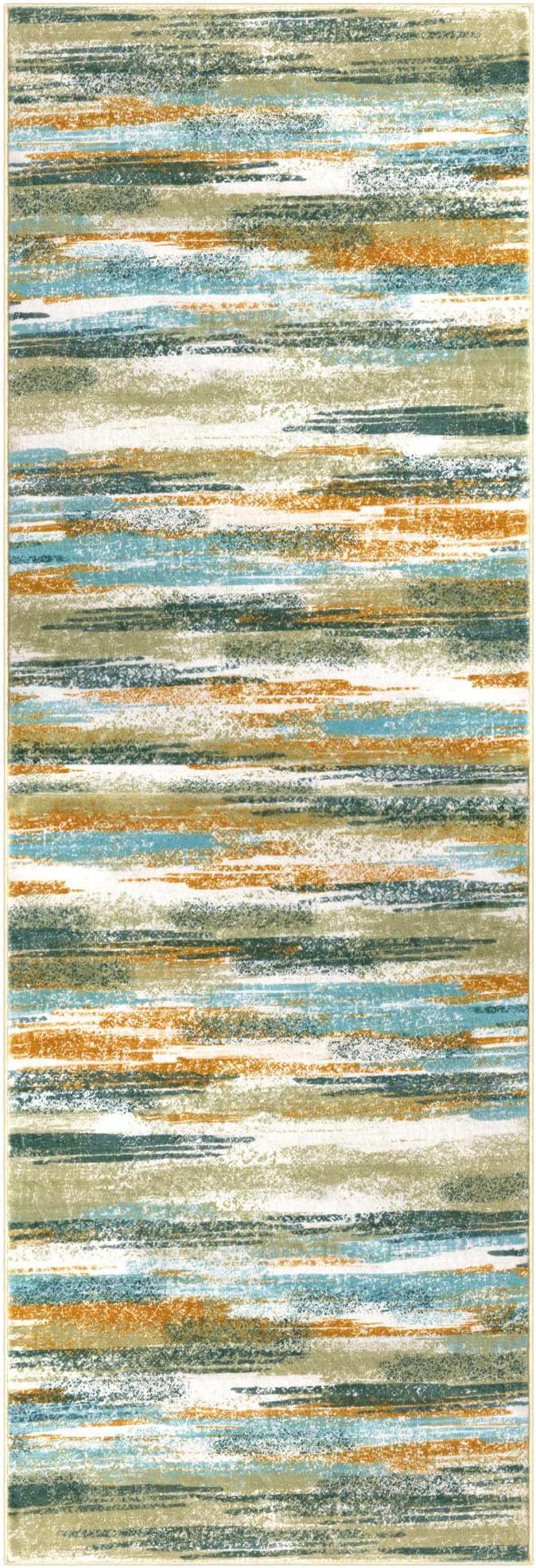 Modern Abstract Runner Rug 2.6x8, Green Mustard Multi Washable Kitchen Runner Non-Slip Soft Hallway Rug Runner Thin Print Faux Wool Carpet for Entryway Bedroom Laundry Room Indoor