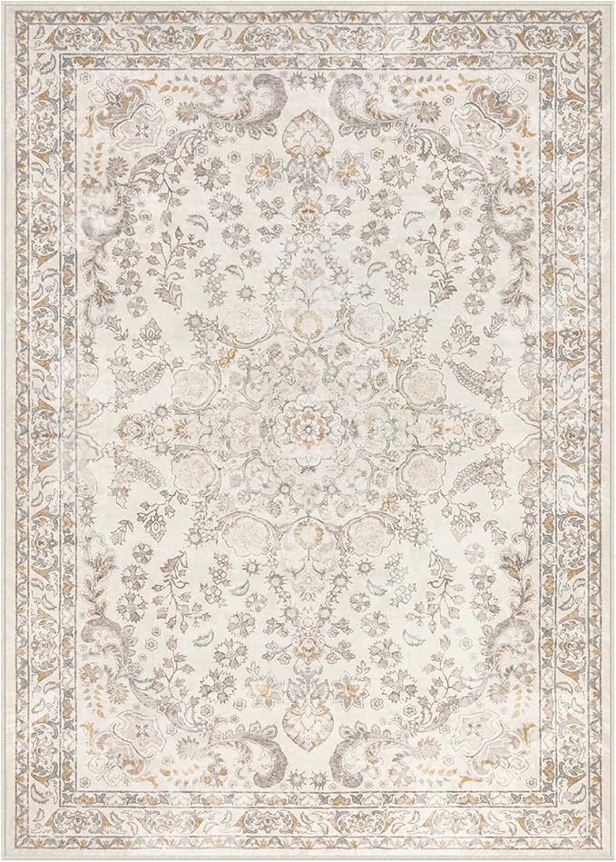 Wonnitar Vintage 5x7 Washable Rug, Neutral Rugs for Living Room Decor, Beige Non Slip Ultra-Thin Soft Boho Floral Room Carpet for Bedroom Nursery Dining Room Farmhouse Office Home Décor