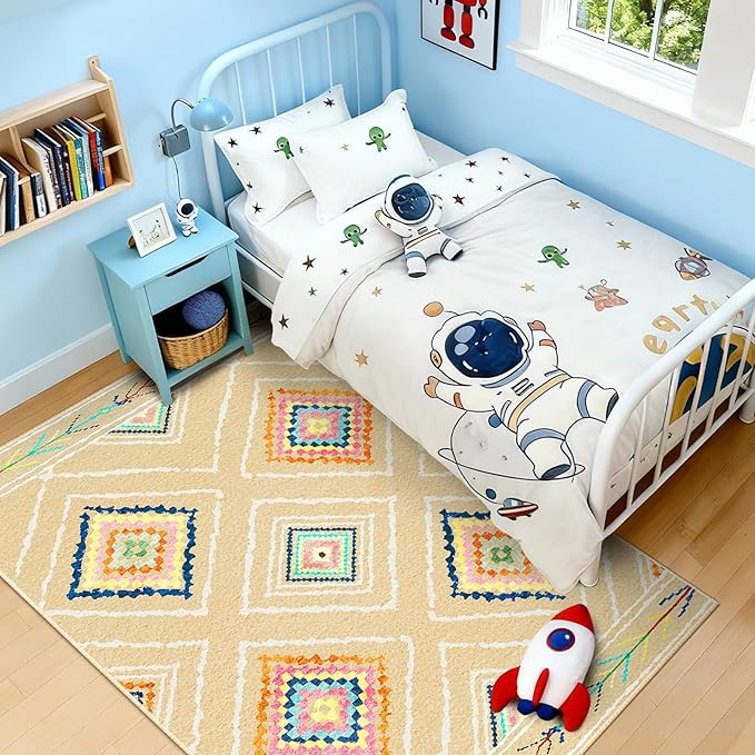 Area Rug 5x7 Rug Machine Washable Non-Slip Low Pile Print Pattern Western Rug for Living Room Bedroom Entryway Tribal Series -Cream/Beige
