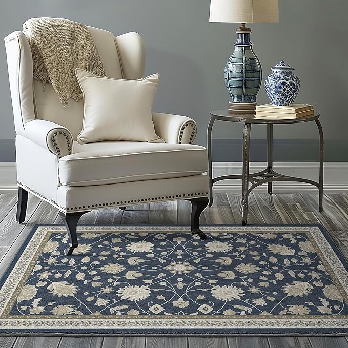 EVERGRACE Area Rugs for Living Room 3x5, Boho Floral Faux Wool Indoor Outdoor Rugs, Washable Rugs for Bedroom Entryway Dining Room Hallyway, Low Pile Floor Mat Carpet for Home Decor, Navy Blue