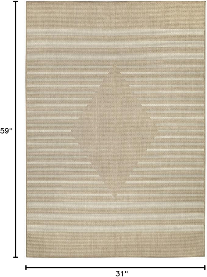 FH Home Flat Woven Outdoor Rug - Waterproof, Easy to Clean, Stain Resistant - Premium Polypropylene Yarn - Modern Geometric Kilim - Patio, Deck, Porch, Balcony - Mesa - Beige - 2ft 7in x 4ft 11in