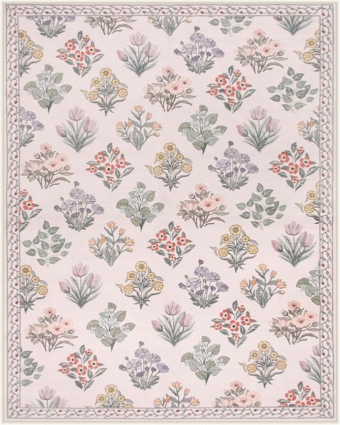 Wonnitar 8x10 Washable Rug, Pink Rugs for Girls Bedroom Decor, Boho Ultra-Thin Non Slip Soft Moroccan Floral Large Carpet for Living Room Baby Nursery Kids Playroom, Pale Pink