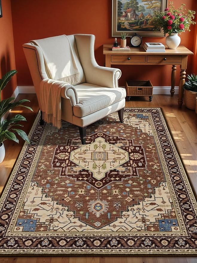 3x5 Mousse Brown Area Rug for Living Room, Machine Washable Rugs with Non-Slip Backing for Bedroom, Vintage Medallion Carpet Kitchen Laundry Kids Room Decor
