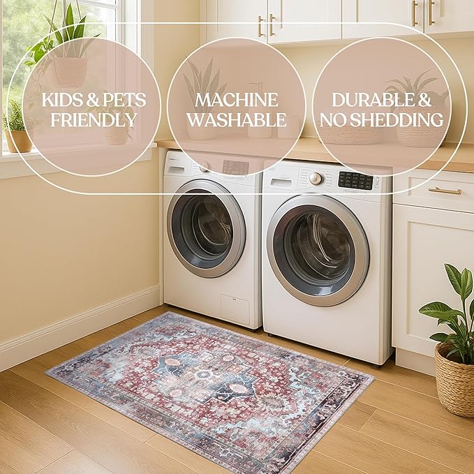Washable Area Rug. Modern Farmhouse. Vintage. Turkish. Bohemian. Distressed. Oriental. Traditional. Rugs for Living Room. Dining. Bedroom. Office. Entryway. Foyer. (858RM, 2'5" x 4'9")