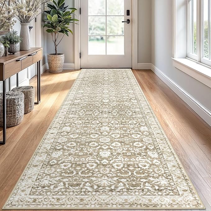 Runner Rug 2.6x10, Beige Tan White Washable Long Hallway Rug Runner Non-Slip Soft Kitchen Runner Thin Printed Faux Wool Super Soft Carpet for Entryway Bedroom Laundry Room Indoor Home Decor
