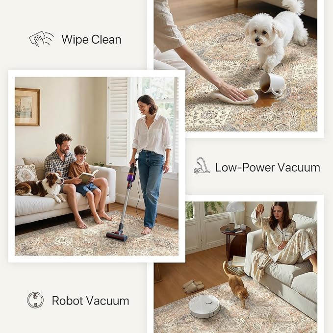 Bavni 8x10 Area Rugs for Living Room, Machine Washable Rug Non Slip, Vintage Chenille Distressed Print Carpet, Large Low Pile Ultra-Thin Lightweight Rugs for Bedroom, Dining Room, Office, Wood Brown