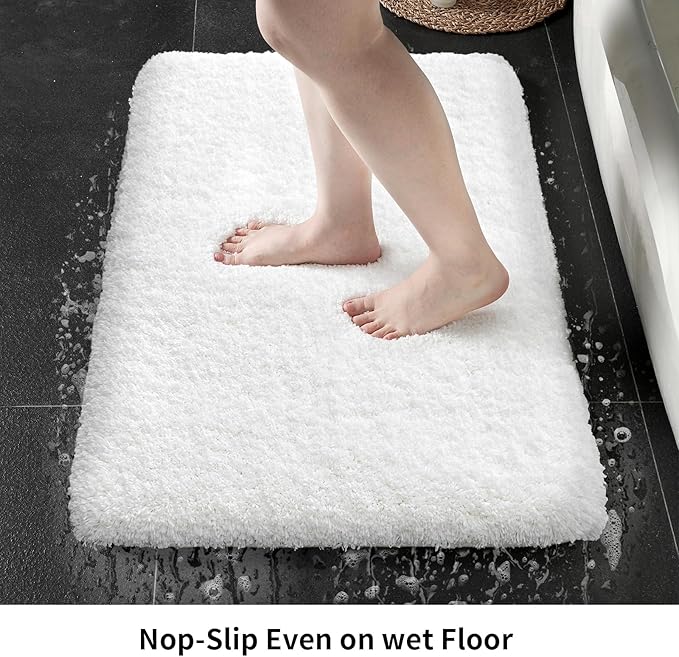 White Bathroom Rug 20x32 Non Slip Fluffy Bath Mat for Bathroom Floor Washable Plush Luxury Bath Rug for Tub Soft Shaggy Absorbent Shower Sink Mat