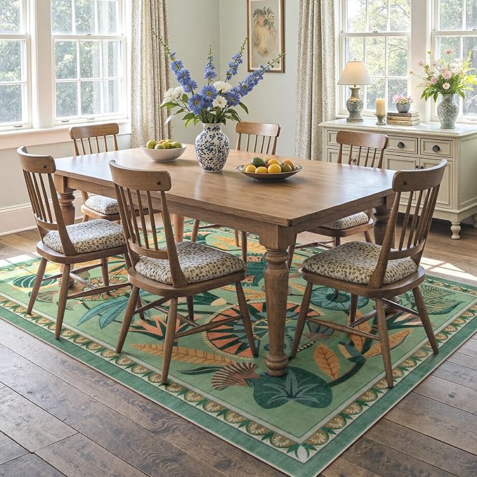 5x7 Floral Rug, Green Rug for Living Room, Washable Low Pile Bedroom Rugs, Non Slip Throw Rugs with Rubber Backing, Soft Carpet for Dining Room Home Office Playroom