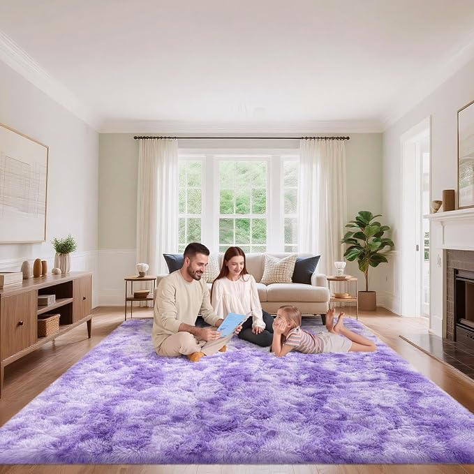 Area Rugs 9x12 Living Room, Fluffy Large Rugs for Bedroom, Soft Shag Fuzzy Non-Slip Carpet for Kids Boys and Girls Nursery Room Dorm Indoor Home Decor (Tie-Dyed Purple, 9ft x 12ft)