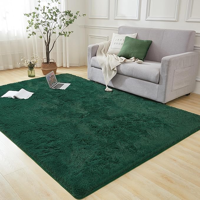 Andency Emerald Green Soft Area Rugs for Living Room Bedroom, 5x8 Fluffy Shaggy Bedside Rug, Non-Slip Large Shag Fuzzy Plush Carpets for Bedroom Kids Dorm Nursery Home Decor Aesthetic