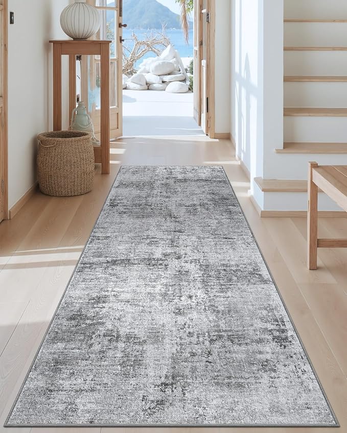DEXI Hallway Runner Rug 3x8, Modern Abstract Non Slip Thin Soft Runners Carpet, Stain Resistant Washable Indoor Rug for Hallway Entryway Kitchen Laundry Room Living Room, Light Grey