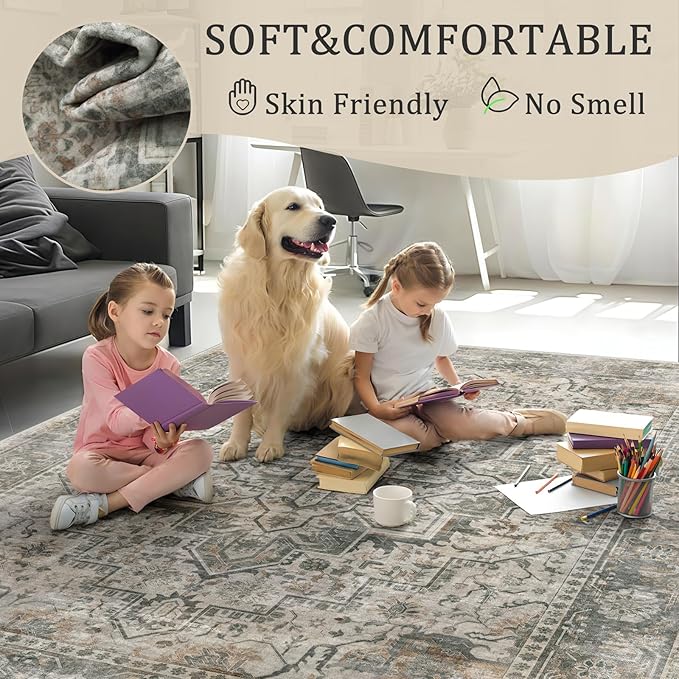4x6 Machine Washable Area Rug for Living Room, Grey Rusty Boho Vintage Floral Rug Large Non-Slip Low Pile Soft Faux Wool Carpet, Kids and Pets Friendly for Bedroom Dining Room Farmhouse Decor Rug