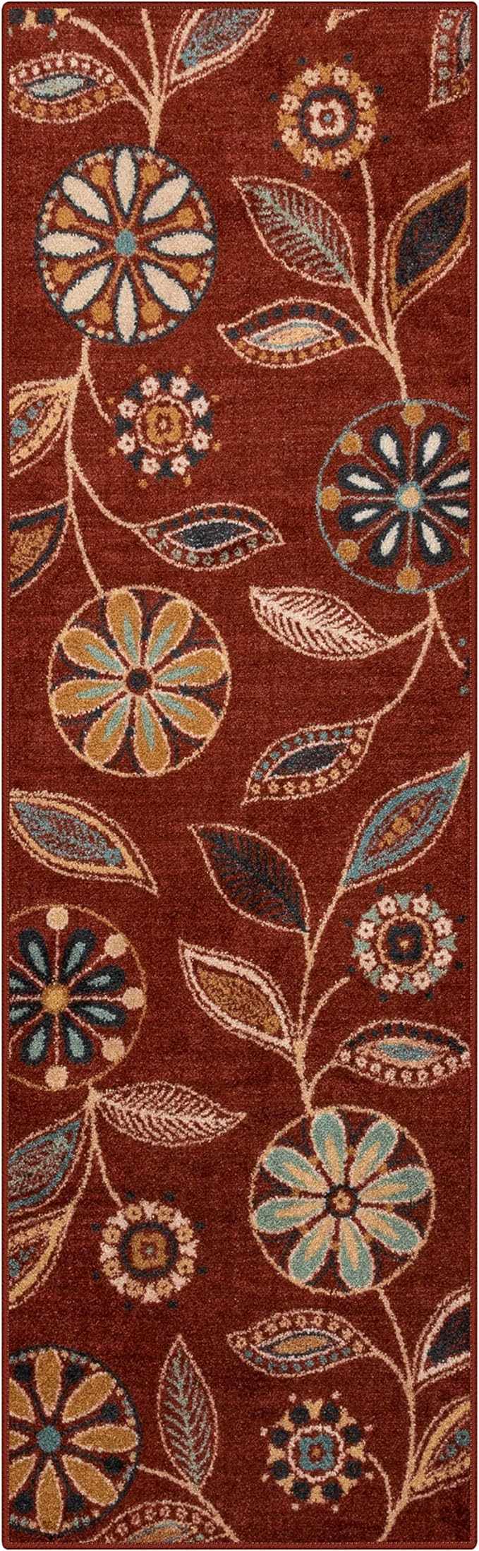 Maples Rugs Reggie Floral Runner Rug - Made in USA - Washable, Non Slip Indoor Carpet for Kitchen, Hallway, and Laundry Room, 2'6" x 8', Merlot