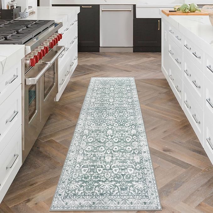 Vintage Floral 2x6 Runner Rug, Sage Green White Washable Kitchen Runner Rug Non-Slip Hallway Rug Runner Thin Printed Faux Wool Super Soft Carpet for Entryway Bedroom Laundry Room Indoor