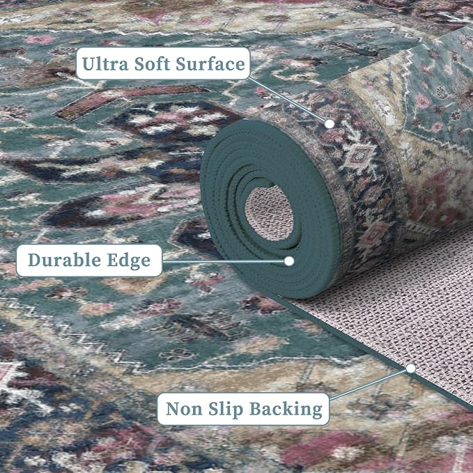 Enkor Area Soft Rugs 5x7 Washable Non Slip Boho Floor Rugs for Living Room Bedroom, Vintage Style Farmhouse Mat for Kitchen Entryway Purple & Green