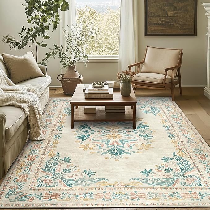 jinchan Floral 4x6 Area Rugs for Nursery - Machine Washable Vintage Distressed Design Soft Ultra-Thin Low-Pile Non-Slip Kids Carpet for Bedroom Living Room Dining Room Home Office (4x6ft, Apricot)