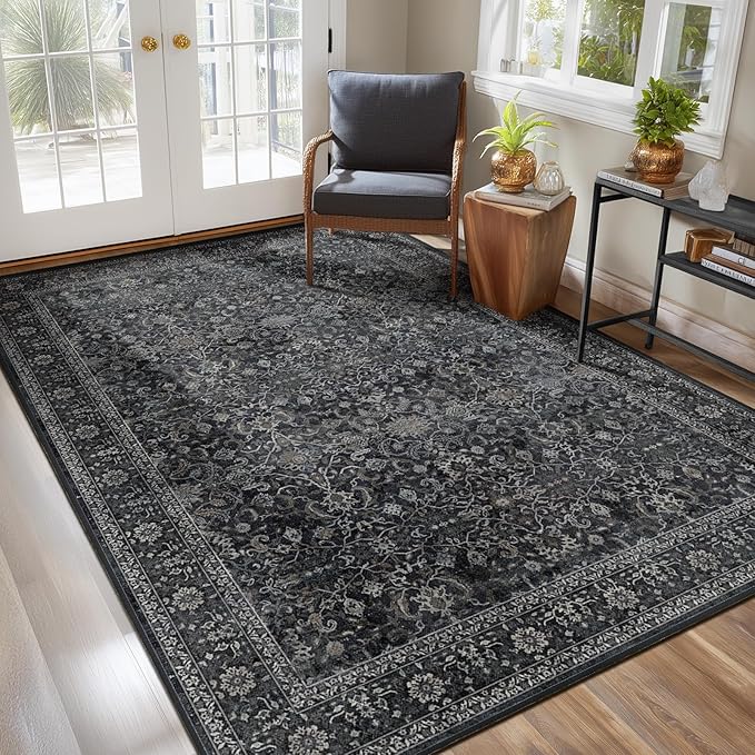 Charcoal 5x7 Area Rugs for Living Room Bedroom, Washable Non Slip Low Pile Thin Soft Carpet Rugs for Dining Room/Kitchen/Home Office/Nursery, Vintage Earth Tone Dark Muted Black and Grey Rug