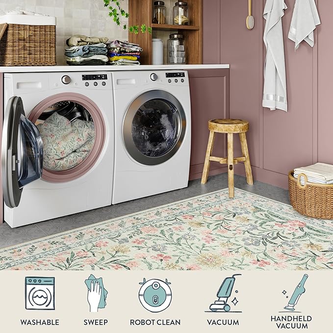 Lahome Washable Runner Rug 2x6, Boho Kitchen Runner Rugs 24 x 72 Non Slip,Vintage Indoor Throw Carpet for Bedside Hallway Entry Bedroom Laundry, Beige/Multi