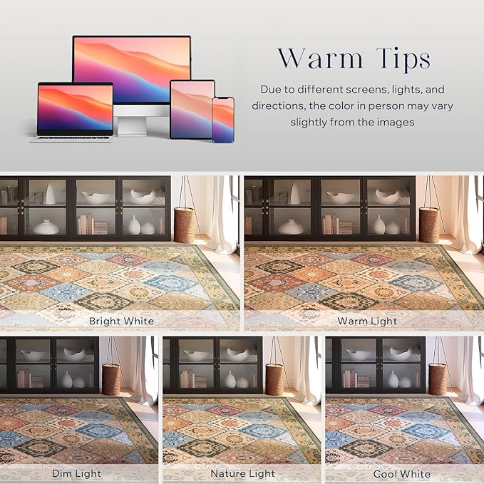 Phantoscope Washable Area Rug 8'x10' Non-Slip, Vintage Boho Rugs for Living Room, Bedroom, Dining Room, Distressed Moroccan Mosaic Diamond Pattern, Low-Pile Foldable Floor Carpet, Terracotta/Rust