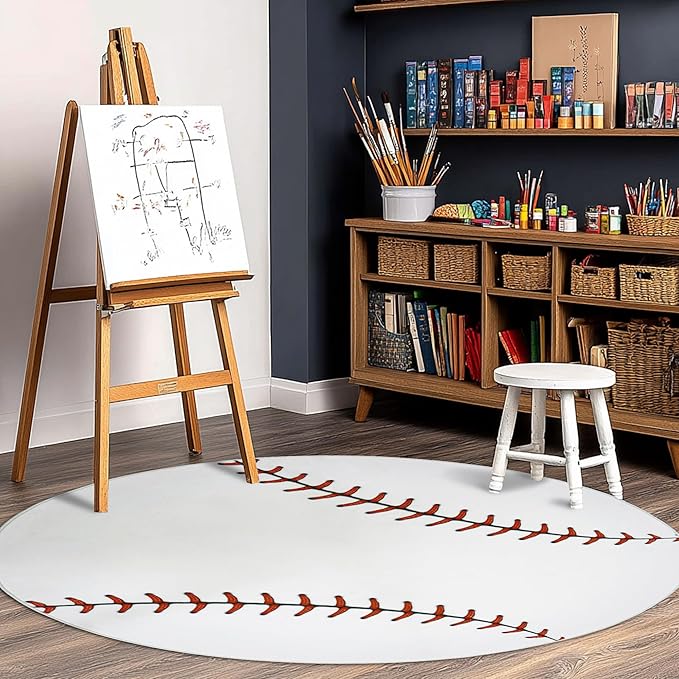 Soft Round Rugs for Bedroom, Baseball Rug for Boys, Bedside Area Kids Carpet, Baseballs Lovers Home Decor Indoor Circle Carpets for Living Room, Nursery, Dorms Machine Washable,40 Inch