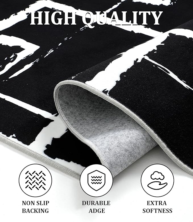 YIHOUSE Black Modern Geometric Area Rug 8x10, Black and White Rug with Abstract Rectangular Patterns,Non-Shedding Washable Rugs for Bedroom, Home Office and Living Room