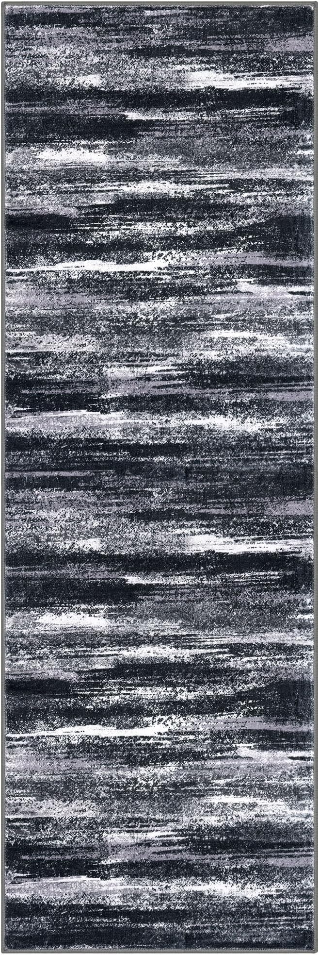 Modern Abstract Runner Rug 2x6, Black Grey Washable Entryway Runner Non-Slip Soft Hallway Rug Runner Thin Print Faux Wool Carpet for Kitchen Bedroom Laundry Room Indoor