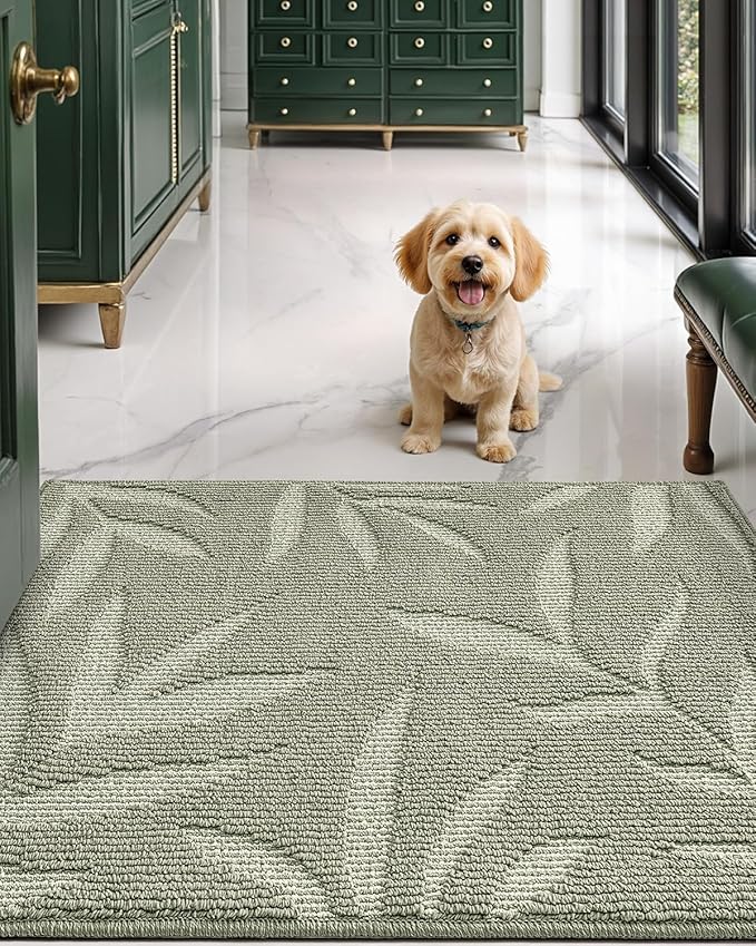 LUMI Front Door Mat Indoor Entrance 36"x60", Low Profile Welcome Mat, Non-Slip Washable Doormat with Rubber Backing for Entrance, Patio, Garage, Green