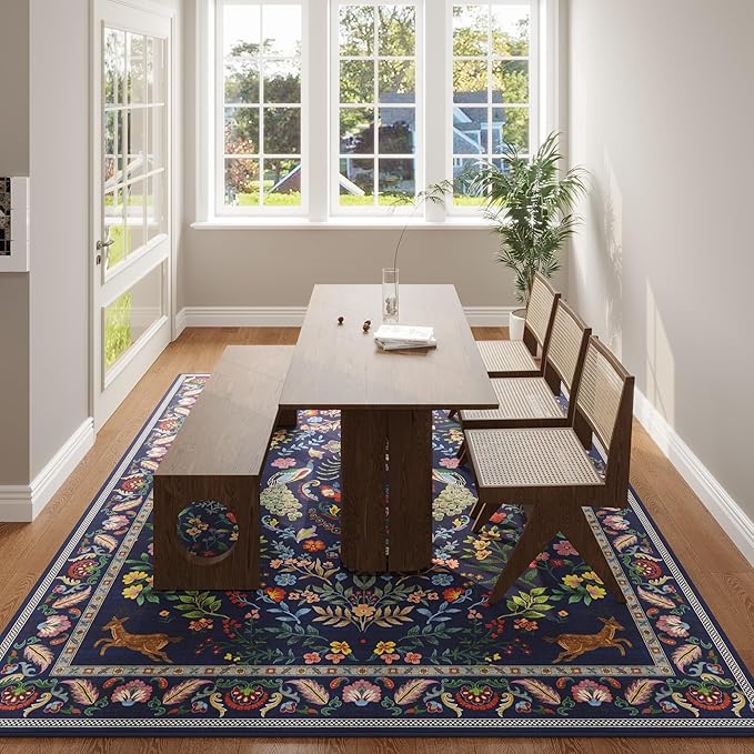 Rugcomf Living Room Rug 5x7 Rug Machine Washable Area Rug Floral Non-Slip Low Pile Large Rugs for Living Room, Bedroom, Farmhouse, Dining Room, Kids Playroom(Blue)