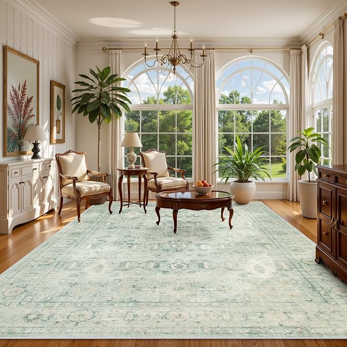Lahome Vintage 8x10 Washable Green Rugs for Living Room Bedroom, Boho Dining Room Rugs for Under Table, Soft Non Slip Indoor Throw Carpet for Home Office Playroom (8x10ft,Light Green)