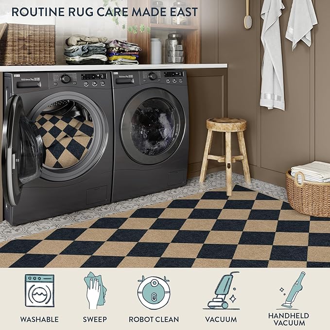 Lahome Checkered Round Rug 3ft, Circle Indoor Outdoor Entryway Patio Rug Washable Easy Jute Rug, Farmhouse Non Slip Small Round Rugs for Bedroom Porch Living Room Decor