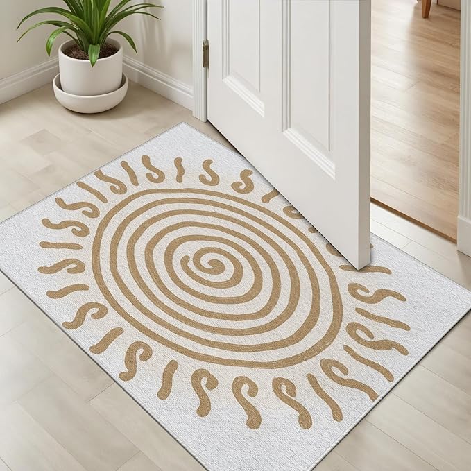 Boho Washable Rugs for Bedroom 5x6, Modern Sun Print Soft Minimalism Area Rug, Non Slip Low Pile Abstract Carpet for Classroom Living Room Decor Dining Room, Beige Yellow