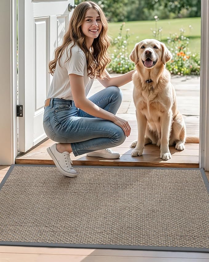 DEXI Ultra Thin Entryway Door Mat 17x30, Non Slip Rubber Backing Inside Entry Mat, Low Profile Easy Clean Dirt Trapper Doormat for Inside Entrance Patio, Grey
