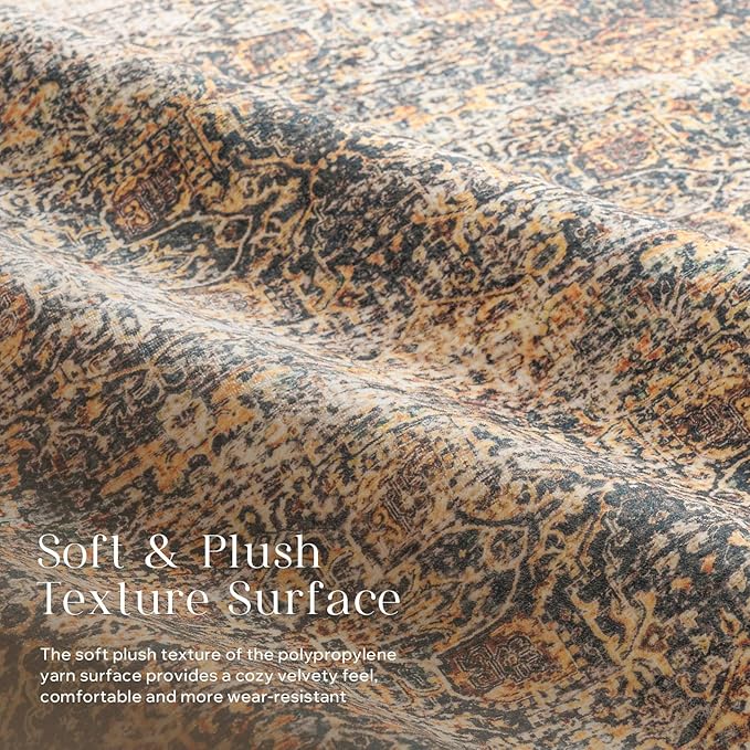 Phantoscope Washable Area Rug 8'x10' Non-Slip, Vintage Neutral Rugs for Living Room, Bedroom, Dining Room, Distressed Boho Floral Medallion Pattern, Low-Pile Foldable Carpet, Brown/Charcoal Spice