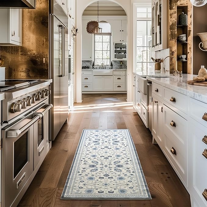 EVERGRACE Hallyway Area Runner Rugs 2x6, Boho Floral Faux Wool Indoor Outdoor Rugs, Washable Rugs for Bedroom Bathroom Living Room Kitchen, Low Pile Floor Mat Carpet for Home Decor, Porcelain Blue