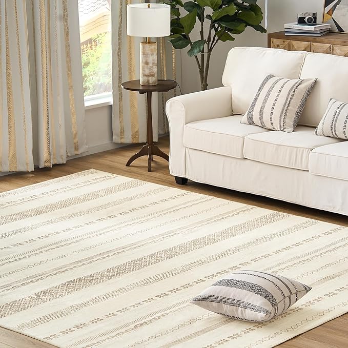 jinchan Boho 4x6 Area Rugs - Machine Washable Moroccan Soft Throw Rug Bohemian Ripple Design Non-Slip Neutral Carpet for Bedroom Entryway Living Room Kitchen Dining Room Home Office (4‘x6', Beige)