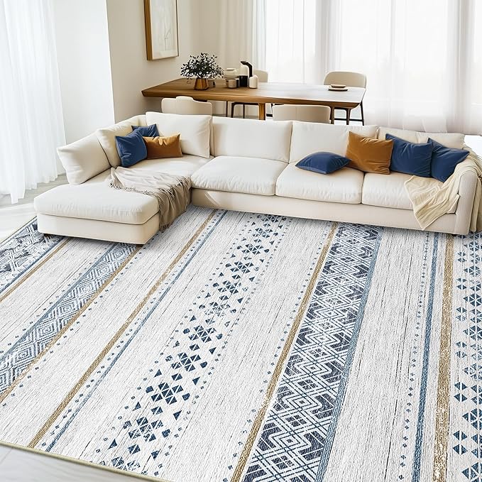 BESTSWEETIE 4x6 Area Rugs for Living Room Washable Moroccan Farmhouse Neutral Geometric Low Pile Non-Slip Soft Print Pattern Rug for Bedroom Kitchen Dining Room Entryway Blue/Brown
