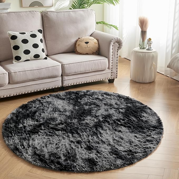 Andency Tie-Dyed Dark Grey Round Area Rug for Living Room, 5x5 ft Shag Rug for Bedroom, Fluffy Circle Carpet for Home Decor, Room, Fuzzy Plush Circular Rug for Dorm Playroom