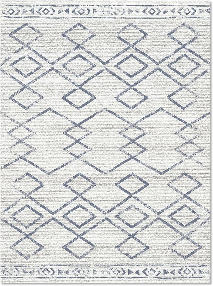 jinchan Moroccan 6x9 Area Rugs for Living Room - Machine Washable Soft Modern Geometric Stain Resistant Ultra-Thin Low-Pile Large Rug Non-Slip Carpet for Bedroom Kitchen Dining Room (6x9ft, Blue)