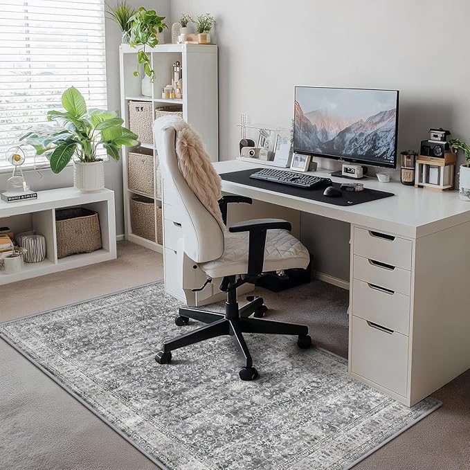 Grey Vintage 3x5 Entryway Rug Indoor Foyer, Neutral Gray Throw Rug for Kitchen Bathroom, Machine Washable Non Slip Thin Area Rug for Nursery/Bedroom Bedside/Home Office/Dorm