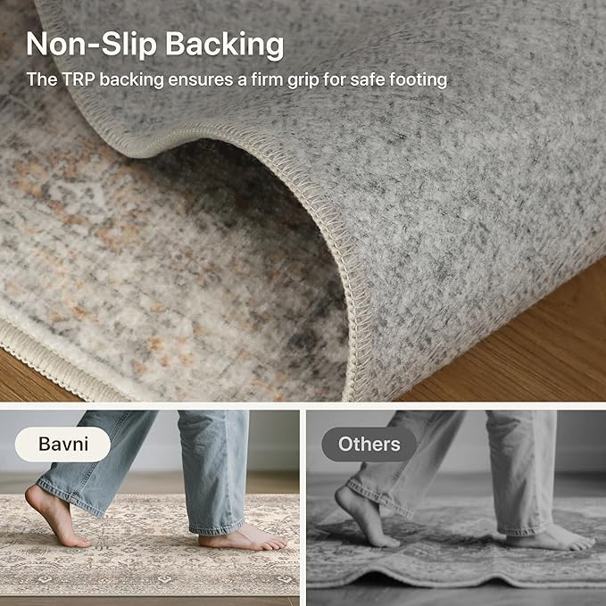 Bavni 3x5 Area Rug for Living Room Bedroom, Washable Boho Print Vintage Aesthetic Rug, Ultra-Thin Low Pile Rugs for Entryway Playroom with Non Slip Backing, Light Taupe Brown