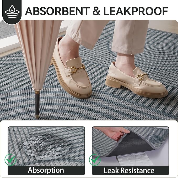 Front Door Mat 24''x35'', Absorbent Muddy Dirt Resist Washable Non Slip Low-Profile Indoor Doormat, Easy Clean Welcome Entryway Door Mats, Grey