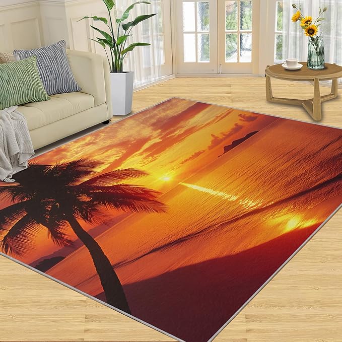 Coastal Rugs for Bedroom - 3x5 Area Rug - Ocean Beach Rugs for Living Room, Sunset Palm Trees Rug, Non-Slip Washable Home Decor Carpet