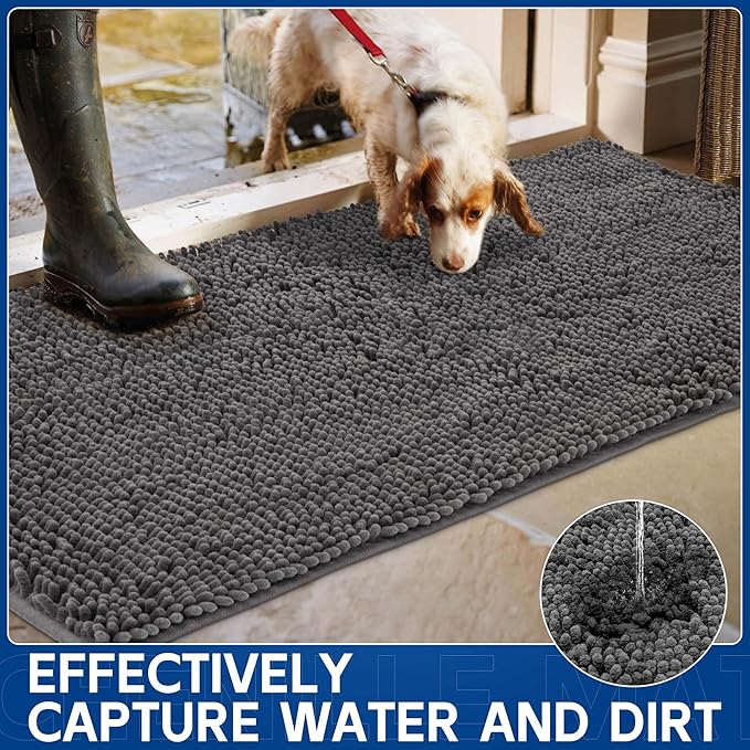 Chenille Absorbent Front Door Mat 72" x 36", Dog Door Mat for Muddy Paws, Trap Dirt Doormat, Mud Mat for Dogs, Washable Non Slip Outdoor Indoor Doormats for Entryway, Grey
