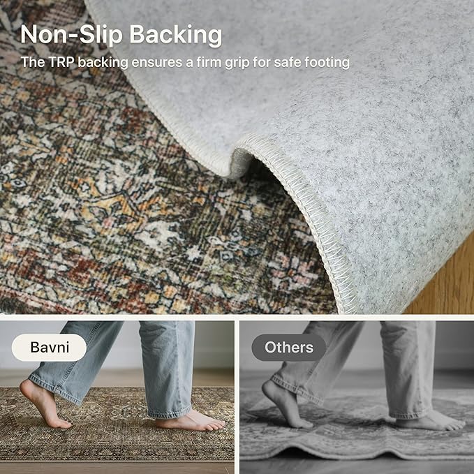Bavni Washable Rug 2x4, Non Slip Small Runner for Entryway, Kitchen or Bathroom, Vintage Print Thin Low Pile Indoor Carpet, Brown