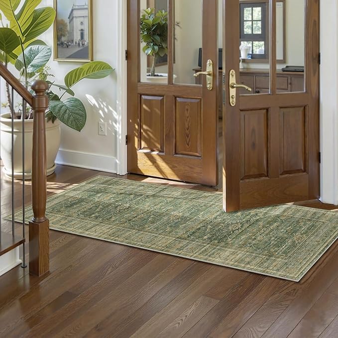 2x6 Runner Rug for Hallways Vintage Distressed Non Slip Long Carpet Floral Boho Distress Print Pattern Mat Lightweight Retro Accent Throw Carpet for Kitchen Bedroom Bedside Laundry Room-Green