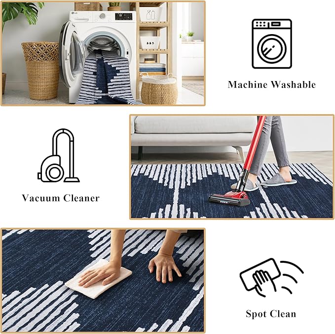 HelloTree Hallway Runner Rug，2x6 Moroccan Modern Stripe Carpet Washable Machine Bathroom Runner Bohemian Design Modern Soft Non Slip Indoor Rug for Entryway Hallway Laundry Room Bedroom-Blue