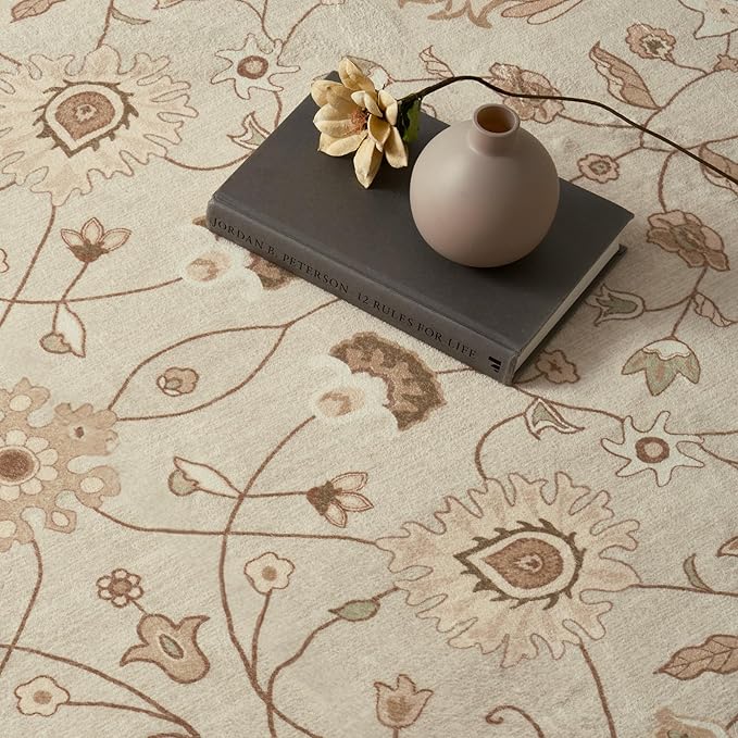 EVERGRACE Hallyway Area Runner Rugs 2x6, Boho Floral Faux Wool Indoor Outdoor Rugs, Washable Rugs for Bedroom Bathroom Living Room Kitchen, Low Pile Floor Mat Carpet for Home Decor, Natural Beige