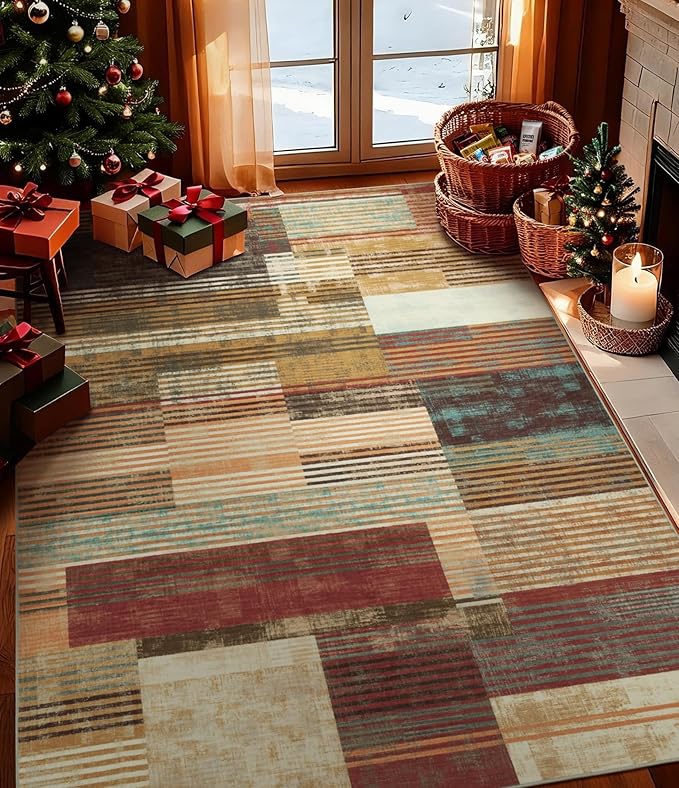 YIHOUSE Brown Area Rug 5x7, Farmhouse Rugs Washable,Vintage Burgundy Carpets for Bedroom,Burnt Orange Area Rug Non Slip,Geometric Boho Rug for Kitchen,Dining Room
